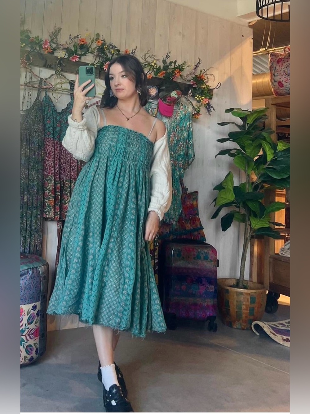 NATURAL LIFE Floral Smocked Waist Convertible Maxi Skirt Dress Boho Hippie  L/XL